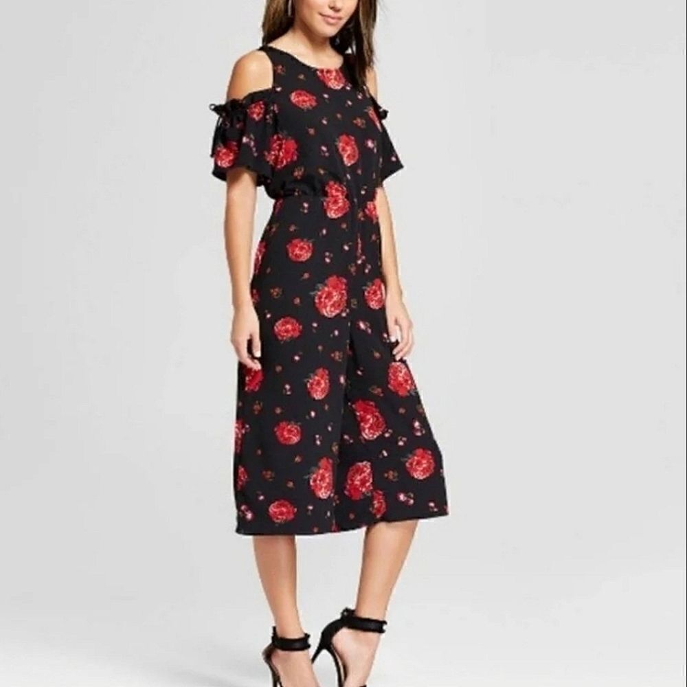 Xhilaration Women's Black Red Floral Cold Shoulder One Piece Ruffle Jumpsuit